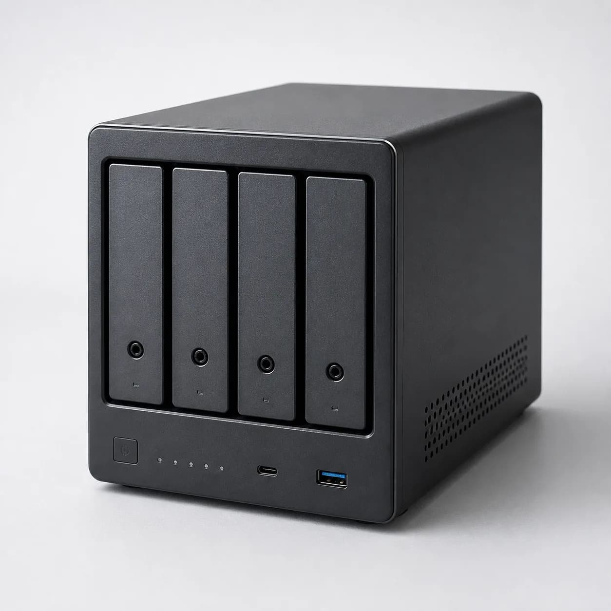 An unbranded four-bay desktop server chassis